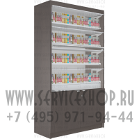 Шкаф с четырьмя синхронизированными дверками под электронные испарители с тумбой под товар в открытом состоянии